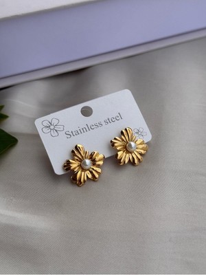 Hercy 316 L Paslanmaz Çelik Çiçek Küpe | Incili Küçük Boy Çiçek Küpe | Çelik Gold Küpe