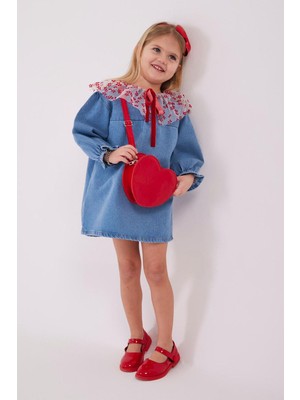 Miniğimin Cicileri Tül Yaka Detaylı Kız Çocuk Kot Elbise - Mavi