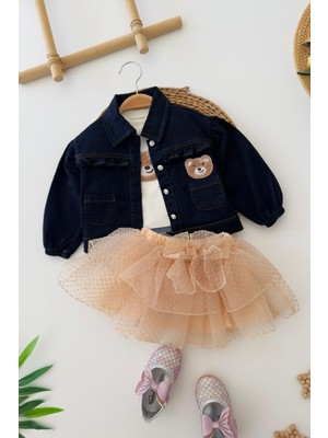 Miniğimin Cicileri Ayıcıklı Kot Ceketli Tüllü Etekli Kız Çocuk 3'lü Takım - Lacivert
