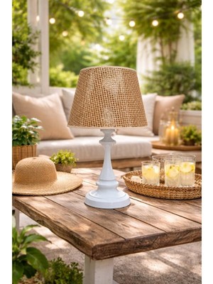 Dede Faro Metal Abajur Beyaz Statik Boyalı Kahverengi Rattan Şapkalı
