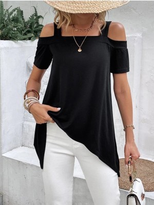Barış Beauty Kadın Kısa Kollu Omuzlardan Açık Askılı Asimetrik Kesim Viskon Bluz