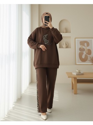 Modamorfo Leopar Figürlü ve Desenli Pantolonlu Scuba Takım -Kahve