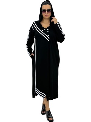 DARKWIN Büyük Beden Kadın Kapüşonlu Şerit Detaylı Uzun Kollu V Yaka Cepli Uzun Elbise