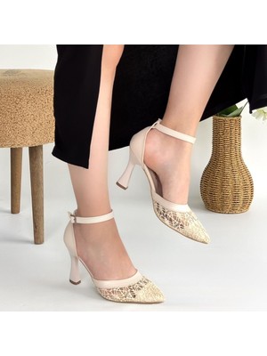 SEPET365 Hejja Bej Cilt Tül Detaylı Topuklu Ayakkabı