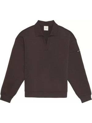 Calvin Klein Kadın Oversize Polo Yaka Kolunda Logo Etiket Detaylı Uzun Kollu Kahverengi Sweatshirt LV044E223G-2IN
