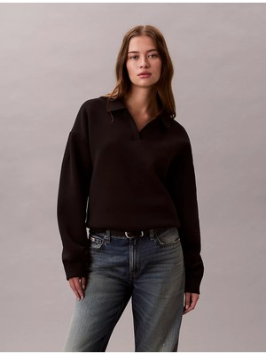 Calvin Klein Kadın Oversize Polo Yaka Kolunda Logo Etiket Detaylı Uzun Kollu Siyah Sweatshirt LV044E223G-UB1