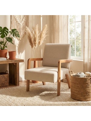 Bahama Bohem Ahşap Berjer, Açık Krem