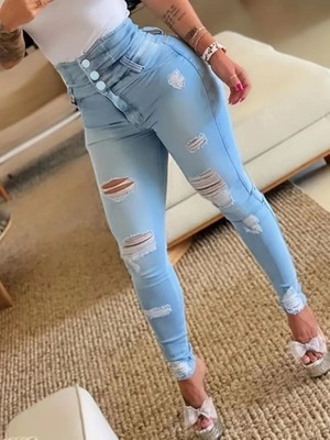 Barış Beauty Kadın Yüksek Belli Önden Düğmeli Yırtık Detaylı Kot Pantolon