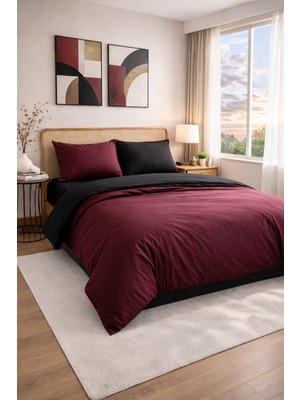 Homenup 90X190 Tek Kişilik Nevresim Takımı Lastikli Çarşaf Çift Yön Bordo-Siyah
