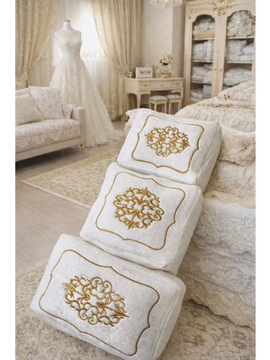 3'lü Hurç Set Çeyizlik Nişan Bohça Gelin Bohçası Damat Bohçası Kadife Gold Işlemeli Krem