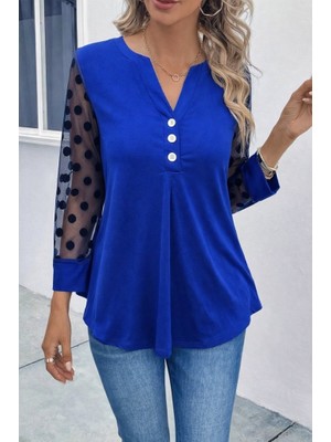 Barış Beauty Kadın Uzun Kollu Yakadan Düğmeli Kolları Tül Detaylı Viskon Bluz