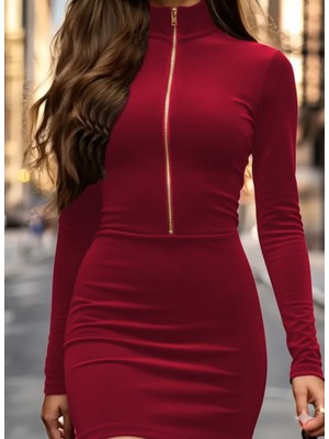 Barış Beauty Kadın Uzun Kollu Balıkçı Yaka Yakadan Göğüse Kadar Fermuar Detaylı Mini Kadife Elbise