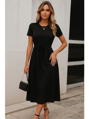 Barış Beauty Kadın Kısa Kollu Bisiklet Yaka Belden Bağlamalı Önü Bağcık Detaylı Maksi Boy Viskon Elbise