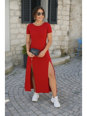 Barış Beauty Kadın Kısa Kollu Sırt Dekolteli Yırtmaç Detaylı Viskon Elbise