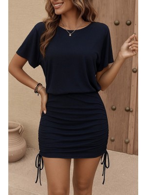 Barış Beauty Kadın Kısa Kollu Bisiklet Yaka Yanlardan Büzgülü Kısa Viskon Elbise