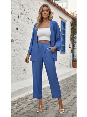 Barış Beauty Kadın Uzun Kollu Önü Açık Dokuma Ceket ve Pantolon Ikili Takım