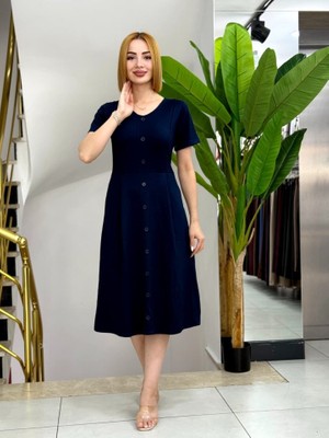 Barış Beauty Kadın Kısa Kollu V Yakalı Önden Düğmeli A Kesim Dokuma Elbise