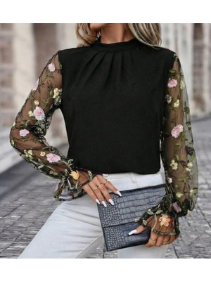 Barış Beauty Kadın Uzun Kollu Yarı Balıkçı Yaka Tül Detaylı Ithal Krep Bluz