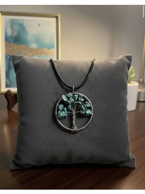 Meneva Aksesuar Firuze Turkuaz Doğal Taş Hayat Ağacı Deri Ipli Kolye