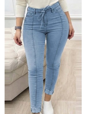 Barış Beauty Kadın Yüksek Bel Belden Kuşaklı Yırtık Detaylı Kot Pantolon