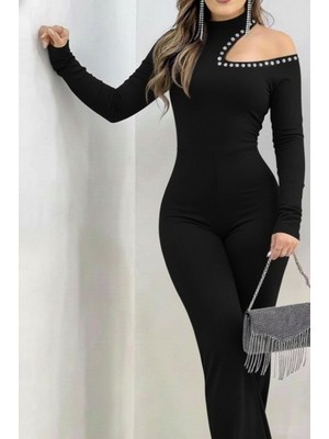 Barış Beauty Kadın Tek Omuzdan Açık Balıkçı Yaka Taş Detaylı Uzun Ithal Krep Tulum