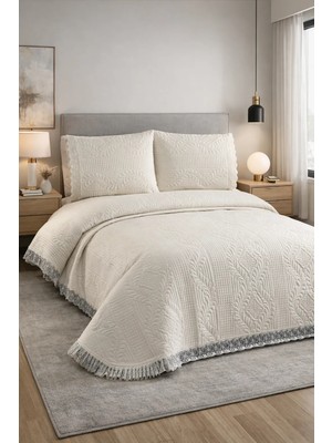 Dilex Bohem Dantelli Kapitoneli Ultrasonik Çift Kişilik Yatak Örtüsü Beyaz