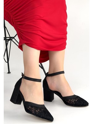 Aesco Dmop Siyah Cilt Simli Tül Detaylı Topuklu Ayakkabı