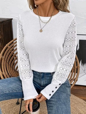 Barış Beauty Kadın Uzun Kollu Bisiklet Yaka Kolları Tüllü Waffle Bluz