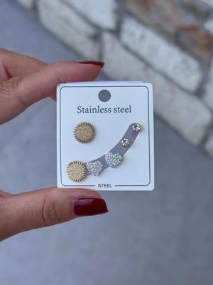 Hercy Zirkon Taşlı Çelik Küpe Set | 3'lü Set Çelik Küpe | Güneş Küpe | Tektaş Küpe