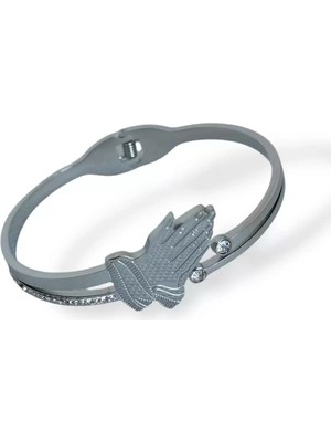Caş Dekorasyon Gümüş Renk El Figürlü Taş Detaylı Çelik Kelepçe Bileklik
