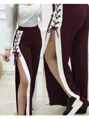 Barış Beauty Kadın Yüksek Bel Yandan Çapraz Bağcıklı Yırtmaçlı Viskon Iki Iplik Pantolon