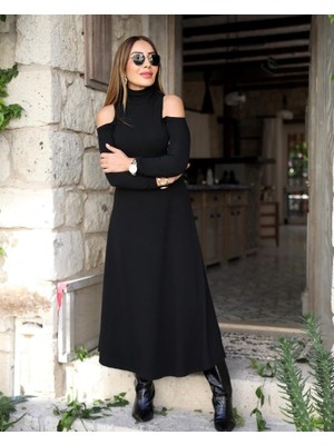 Barış Beauty Kadın Balıkçı Yaka Omuzlardan Açık Uzun Kollu Janjan Krep Elbise
