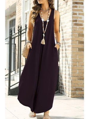 Barış Beauty Kadın Askılı Yuvarlak Yaka Cepli Salaş Uzun Viskon Tulum