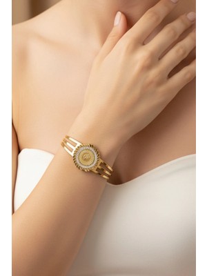 Caş Dekorasyon Altın Renk Çeyrek Figürlü Çelik Kelepçe Bileklik