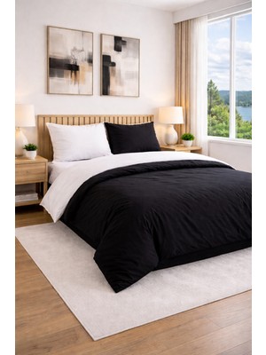 Homenup 90X190 Tek Kişilik Nevresim Takımı Lastikli Çarşaf Çift Yön Siyah-Beyaz