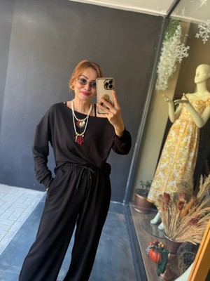 Barış Beauty Kadın Uzun Kollu Tek Omuzdan Açık Viskon Iki Iplik Bluz ve Pantolon Ikili Takım