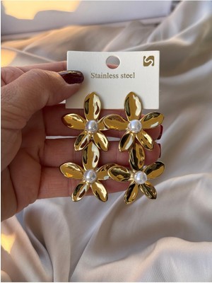 Hercy 316 L Paslanmaz Çelik Büyük Boy Çiçek Küpe | Gold Abiye Küpe