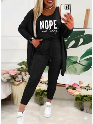 Barış Beauty Kadın Askılı Yuvarlak Yaka Yazılı Viskon Iki Iplik Bluz Ceket ve Pantolon 3lü Takım