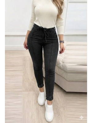 Barış Beauty Kadın Yüksek Bel Belden Kuşaklı Yırtık Detaylı Kot Pantolon