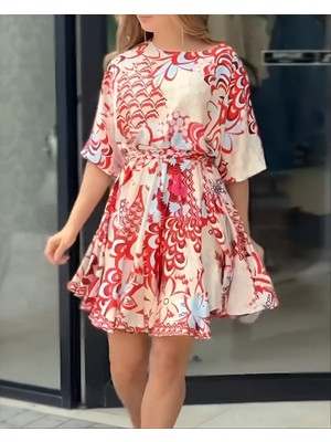 Barış Beauty Kadın Kısa Balon Kollu Yuvarlak Yakalı Pileli Desenli Mini Elbise