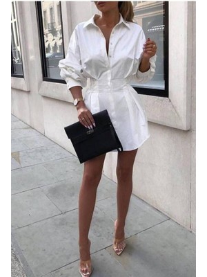 Barış Beauty Kadın Pamuk Polyester Kumaş Belden Pileli Gömlek Elbise
