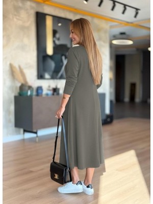 Barış Beauty Kadın Uzun Kollu V Yakalı Midi Çağla Yeşili Modal Elbise