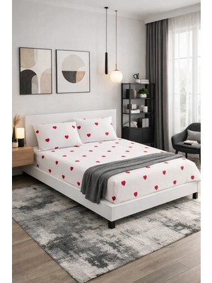 Dilexbeyaz Kırmızı Kalp Lastikli Çarşaf Takımı Çift Kişilik