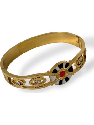 Caş Dekorasyon Altın Renk Karışık Figürlü Taşlı Çelik Kelepçe Bileklik