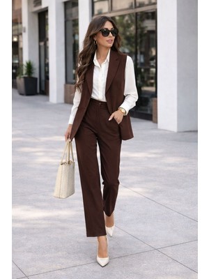 Madame Melek Zr Model Marka Vatkalı Yelek Pantolon Takım - Havuç Pantolon Uzun Yelek Düz Renk Takım