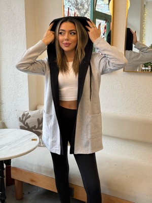 Barış Beauty Kadın Uzun Kollu Kapşonlu Çift Renkli Şardonlu Iki Iplik Ceket