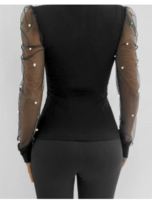 Barış Beauty Kadın Uzun Kollu Inci Detaylı Tüllü Viskon Bluz