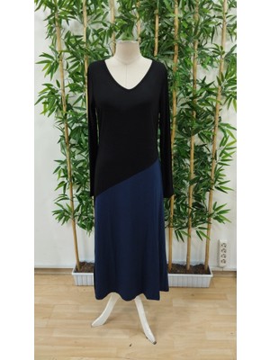 Barış Beauty Kadın Uzun Kollu V Yakalı Blok Desenli Viskon Elbise