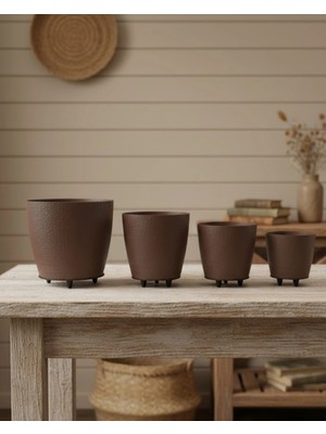 Shopwave 4’lü 3D Şık Kahverengi Vazo Seti Modern Ayaklı Saksı