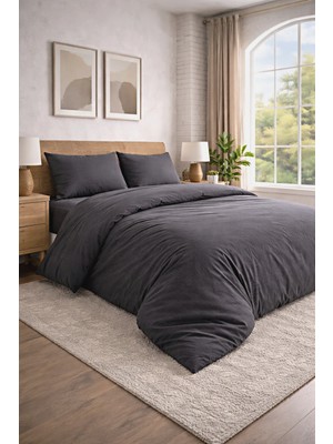 Homenup 160X200 Çift Kişilik Nevresim Takımı Lastikli Çarşaf Düz Renk Antrasit